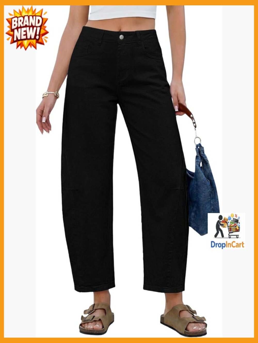 High Waisted Barrel Jeans Cropped Baggy Wide Leg Trendy Stretchy Denim Pants